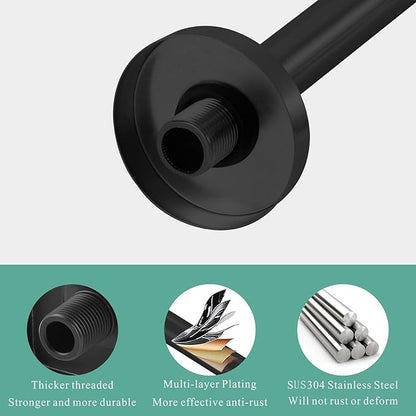 Voolan 15" Round Shower Arm with Flange and Teflon Tape, Extension Shower Head Arm for Bathroom Fixed Shower Head, Solid Stainless Steel, Wall Mounted (Matte Black)