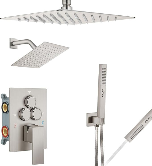 Aolemi Shower Faucet Set Ceiling Mount Shower System Rough-in Valve and Shower Trim Kit 10 and 6 Inch Dual Shower Head 2 in 1 Handheld Spray Push Button Diverter Brushed Nickel