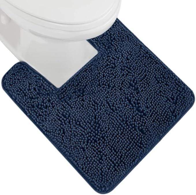 GORILLA GRIP Plush Absorbent Shaggy Chenille Bath Rug Mat for Square Toilet Base with Rubber Backing, Machine Washable Rugs, Soft Microfiber Contour Mats for Toilets, Bathroom Decor, Navy