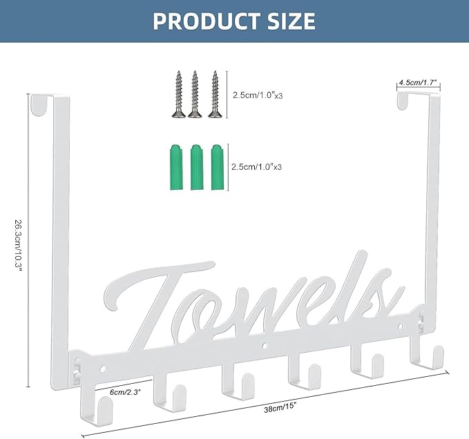 Over The Door Hooks - Wall Mount Towel Hanger with 6 Hooks for Bedroom Bathroom Kitchen Towels, Bag, Coats, Hats - White