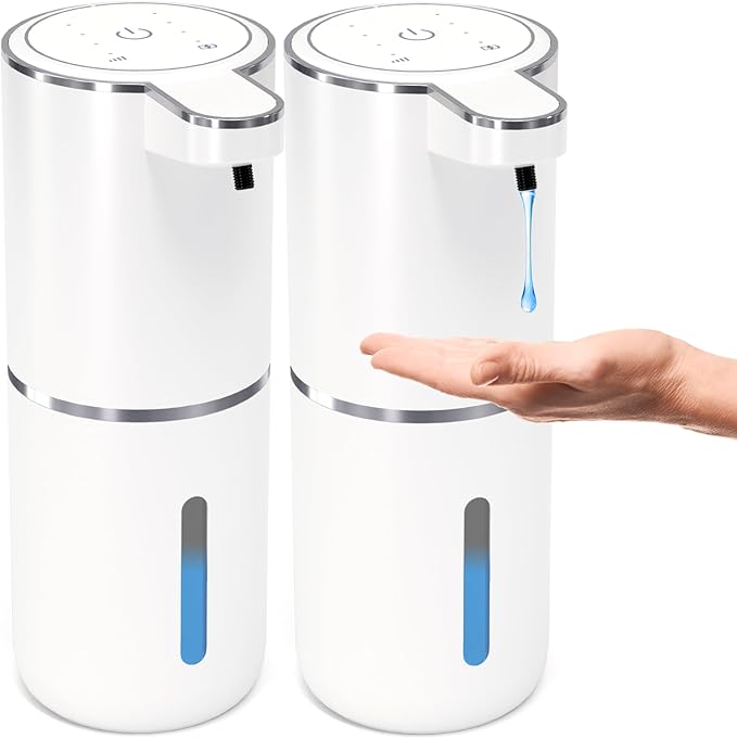 2 Pack Automatic Soap Dispenser Touchless,Liquid Hand Soap Dispenser 12.8oz USB 4levels Adjustable Dispenser Electric Wall Mounted Smart for Bathroom and Kitchen Dish Soap，Easy for Toddlers(White)
