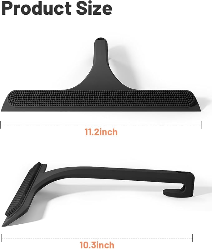 2-in-1 Silicone Shower Squeegee with Hook,Dual-Sided Design with Scraper & Scrub Surface,Rust-Proof Stainless Core,Streak-Free Bathroom Squeegee for Glass Doors,Mirrors,Windows,Car Windshields (Black)