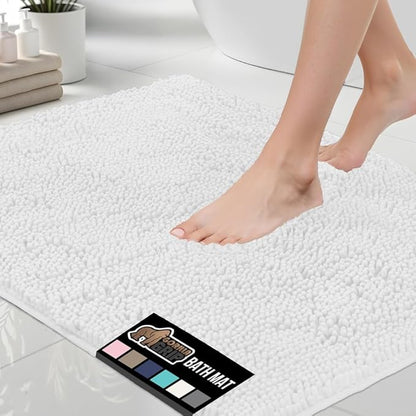 GORILLA GRIP Bath Rug Mat, Thick Soft Absorbent Chenille, Quick Dry Microfiber Mats, Rubber Backing Washable Shower Floor Rugs, Bathmat Runner, US Designed Bathroom Home Decor Accessories 24x17, White