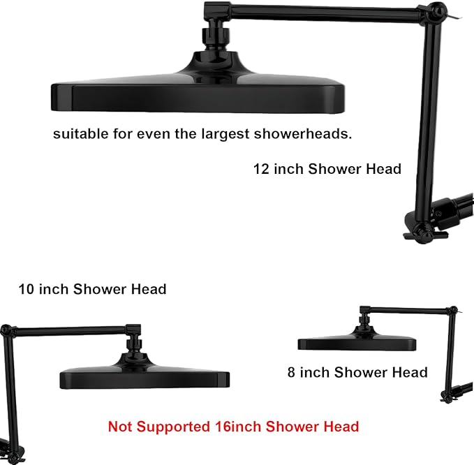 Shower Head Extension Arm, 16 Inch Solid Brass Adjustable Extender with Lock Joint, Height & Angle Adjustable Shower Arm for Rainfall or Fixed Shower Head, G1/2 Connector (Matt Black)