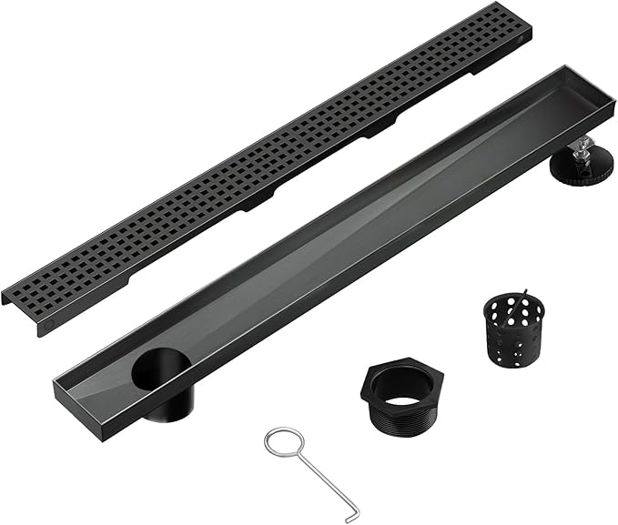 Offset Linear Shower Drain, Matte Black Shower Drain 24 inch with Removable Grate Cover, Brushed 304 Stainless Steel Side Outlet Black Shower Floor Drain with Hair Catcher and Leveling Feet