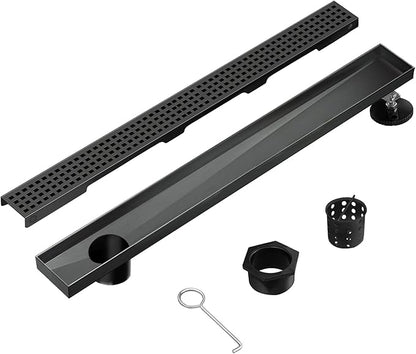 Offset Linear Shower Drain, Matte Black Shower Drain 24 inch with Removable Grate Cover, Brushed 304 Stainless Steel Side Outlet Black Shower Floor Drain with Hair Catcher and Leveling Feet