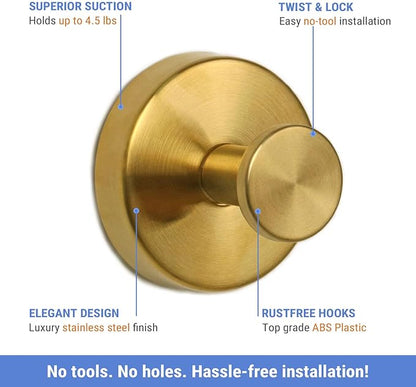 Suction Cup Hooks for Shower, Heavy Duty Wreaths Hangers for Glass Door Window, Towel Hook No Drill Holder on Smooth Wall, Mirror, Tile for Home (2Pcs Gold)
