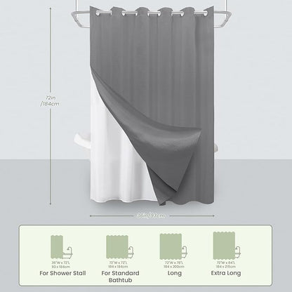 Inhousolu No Hook Waffle Weave Shower Curtain with Removable Snap in Fabric Liner Set for Bathroom, 230 GSM Heavy Duty Weighted Hem, Water Repellent Washable Bath Curtains, 36 x 72 Inch, Grey