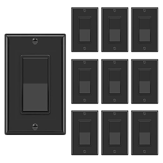 BESTTEN 10 Pack Single Pole Decorator Wall Light Switch with Wallplate, 15A 120/277V, On/Off Rocker Paddle Interrupter, UL Listed, Black