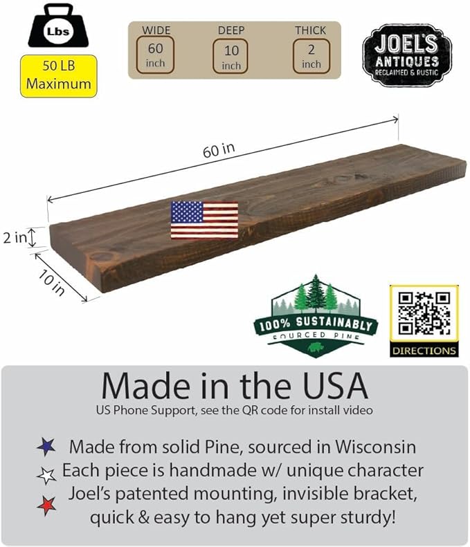 joelsantiques 60 Inch Wooden Floating Shelves for Wall - 60x10x2 in - Made of Natural Wood - Long Heavy Duty Rustic Wall Shelves for Bedroom - Perfect for Living Room, Kitchen - Medium Brown