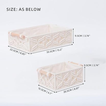 YAHUAN Macrame Storage Baskets with Wood Handles Handmade Woven Boho Decor Box for Organizing on Shelf Cabinet Countertop - Set of 3 (White)