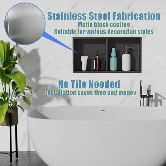No Tile Needed Shower Niche for Bathroom Storage,Recessed Wall Niche,Double Shelves,Stainless Steel(Black, 24 * 12 in)