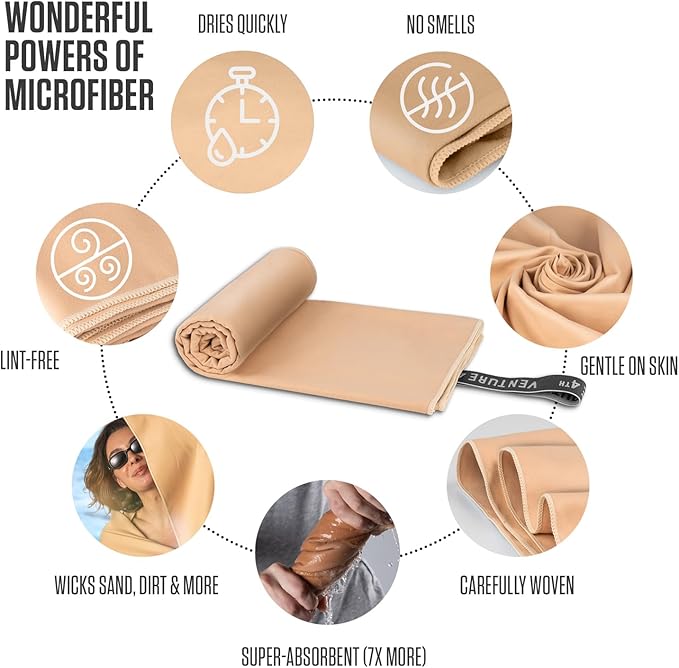 VENTURE 4TH Quick Dry Towel. Microfiber Travel Towel Ideal for Camping, Hiking, Backpacking, Gym. Lightweight & Fast Drying Travel Towels for Body. Compact & Easy to Pack - Beige Extra Large