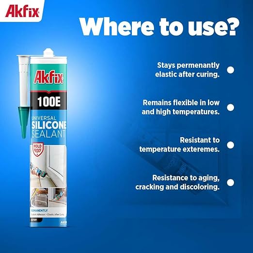 Akfix 100E RTV Gray Silicone Caulk (12x10.1 fl.oz.) - 100% Waterproof Silicone Sealant for Kitchen and Bathroom, Shower, Bathtub, Toilet, Sink, Window and Door, No Discoloring | Grey, 12 Pack