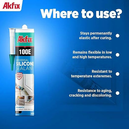 Akfix 100E RTV Translucent Silicone Caulk (4x10.1 fl.oz.) - 100% Waterproof Silicone Sealant for Kitchen and Bathroom, Shower, Toilet, Sink, Window and Door, No Yellowing | Translucent, 4 Pack