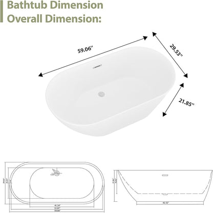 Mocoloo 59" Acrylic Freestanding Bathtub Contemporary Soaking White Bath Tub with Gold Overflow and Drain