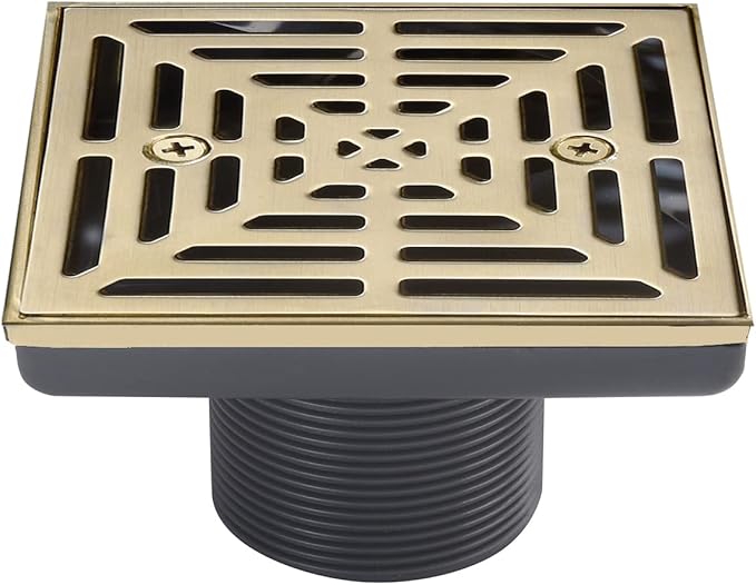 4-1/4 Inch Brushed Gold Shower Drain Square, Base with Adjustable Drain Flange Kit PVC, Removable Grille Strainer Drain Cover with Screws, SUS304 Stainless Steel Brass Face