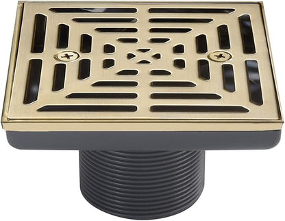 4-1/4 Inch Brushed Gold Shower Drain Square, Base with Adjustable Drain Flange Kit PVC, Removable Grille Strainer Drain Cover with Screws, SUS304 Stainless Steel Brass Face