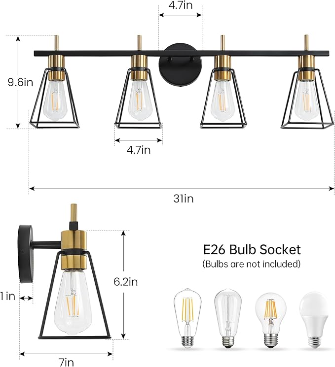 Industrial Bathroom Vanity Lights: 4 Light Black and Gold Vintage Metal Cage Wall Sconce - Rustic Farmhouse Wall Light Fixture Over Mirror Cabinet for Bedroom Living Room