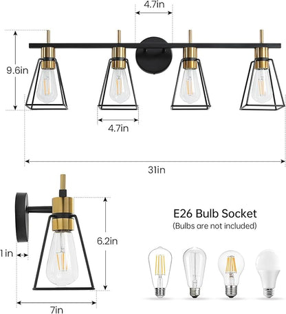 Industrial Bathroom Vanity Lights: 4 Light Black and Gold Vintage Metal Cage Wall Sconce - Rustic Farmhouse Wall Light Fixture Over Mirror Cabinet for Bedroom Living Room