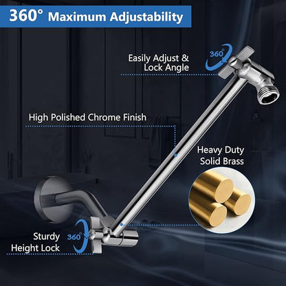 Shower Head Combo(Brushed Nickel),10'' High Pressure Rain Shower Head with 11'' Adjustable Extension Arm and 5 Settings Handheld,Powerful Shower Spray Against Low Pressure Water