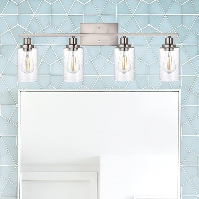 4-Lights Modern Vanity Light Fixtures for Bathroom Over Mirror, Farmhouse 31-Inches Length Seeded Glass Bath Wall Sconce Lighting in Brushed Nickel