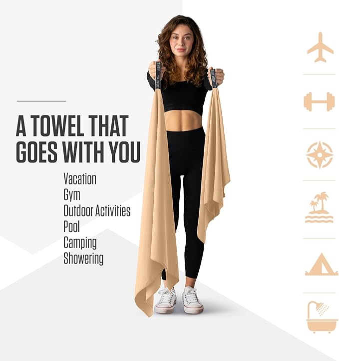 VENTURE 4TH Quick Dry Towel. Microfiber Travel Towel Ideal for Camping, Hiking, Backpacking, Gym. Lightweight & Fast Drying Travel Towels for Body. Compact & Easy to Pack - Beige Extra Large