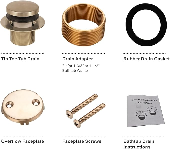 Tip Toe Bathtub Tub Drain Conversion Kit Assembly, Wellup Tub Drains Trim Kit with Two Hole Overflow Faceplate, Gold Brushed Brass
