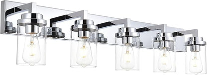 MELUCEE 5-Lights Bathroom Vanity Light Fixtures Chrome, Modern Vanity Lighting with Clear Glass Shade, Industrial Wall Mount Lights for Mirror Cabinet Sink