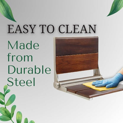 Folding Shower Seat Wall Mounted with Back | 500 lbs Maximum Load Capacity | ADA Compliant Safety Assist Teak Shower Seat for Seniors, Handicapped, and Children | 304 Stainless Steel Frame | 26” x 16”