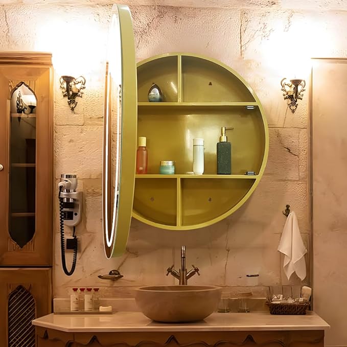 24inch Round Medicine Cabinet with Lights,Led Medicine Cabinet with Defogger,Illuminated Mirror Cabinet for Bathroom,Dimmable,Anti-Fog,3 Colors,Surface Mount Only,Gold
