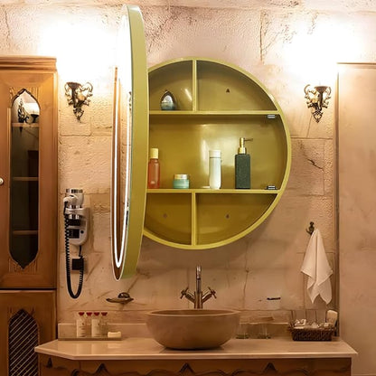 24inch Round Medicine Cabinet with Lights,Led Medicine Cabinet with Defogger,Illuminated Mirror Cabinet for Bathroom,Dimmable,Anti-Fog,3 Colors,Surface Mount Only,Gold