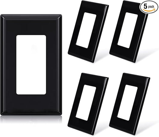 ELEGRP 1-Gang Screwless Decorative Wall Plates, Standard Size Unbreakable Thermoplastic Faceplate Cover for Decorator Receptacle Outlet Switch, UL Listed (5 Pack, Glossy Black)