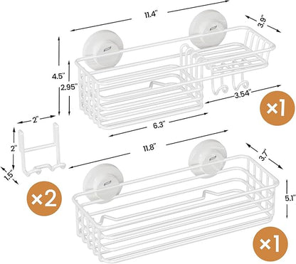 LEVERLOC Shower Caddy Suction Cup, 2 Pack Shelves for Inside with Hooks and Soap Holder, NO-Drilling Bathroom Holder, Rustproof Meatl Bathroom Organizer, White