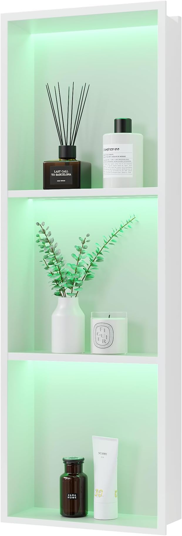 3-Tier 12x36Inch Wall Niche with RGB Lights, White Recessed Stainless Steel Shower Niche with RGB Colorful Remote Control, NO Tile Needed Bathroom Storage Organizer Waterproof