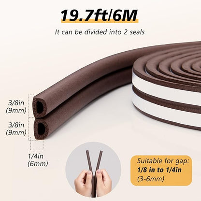 SUNMON Door Seal D-Type Strip Weather Stripping Self Adhesive Foam for Doors and Windows, Soundproofing Weatherstrip Gap Collision Avoidance (Brown)