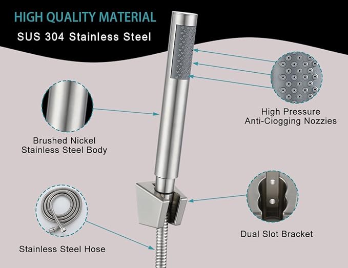 Handheld Shower Head with Hose, Hand Held Shower Wand Head with Long Hose, High Pressure RV Shower Head with Handheld Spray Combo, Dog Shower Attachment, Brushed Nickel