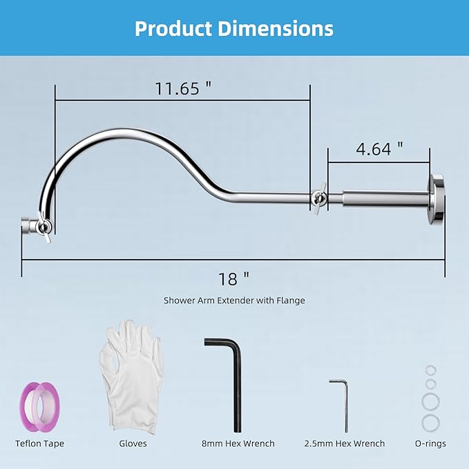 Hibbent All Metal Upgraded 18'' Shower Head Extension Arm with Flange, Solid Brass Flexible Height & Angle Adjustable Shower Arm Extender with Lock Joint, Universal Connection, Chrome