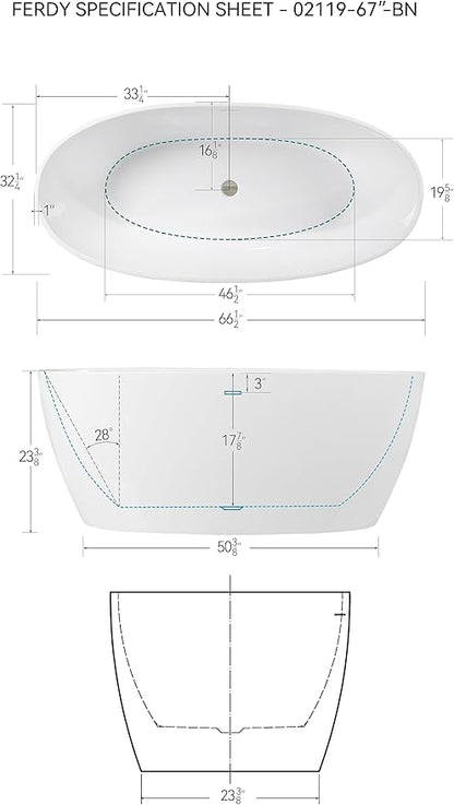 FerdY Tahiti 67" Freestanding Bathtub Elegant Oval Shape, Glossy White Double Walled Insulation bathtub with Center Brushed Nickel Drain, UPC Certified -02119