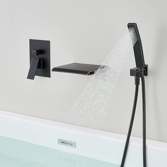 Wall Mount Tub Filler Waterfall Tub Faucet Oil Rubbed Bronze Bathtub Faucet Brass Single Handle Bathroom Faucet with Hand Shower