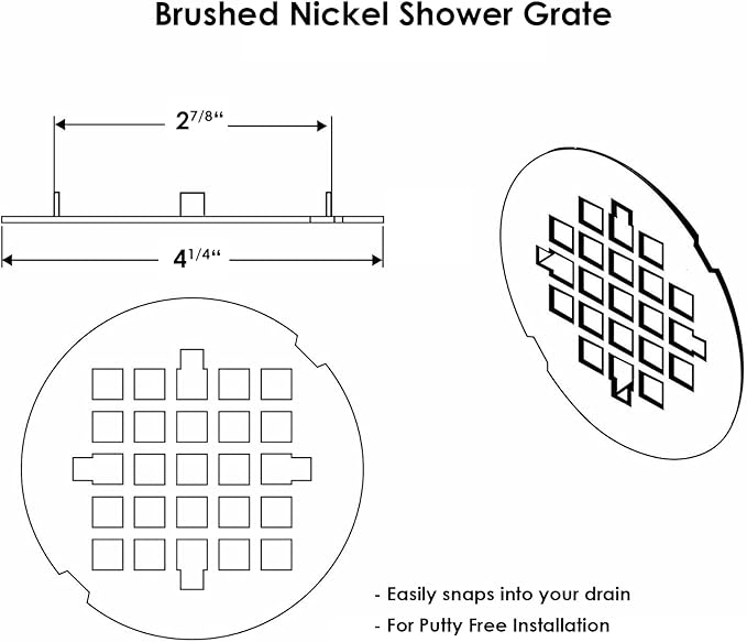 4 ¼” Brushed Nickel Snap-in Shower Drain Cover - Stainless Steel Replacement - 4.25" OD Shower Drain Strainer - Easy Install - Premium Round Shower Drain Cover - Solid Brass Construction