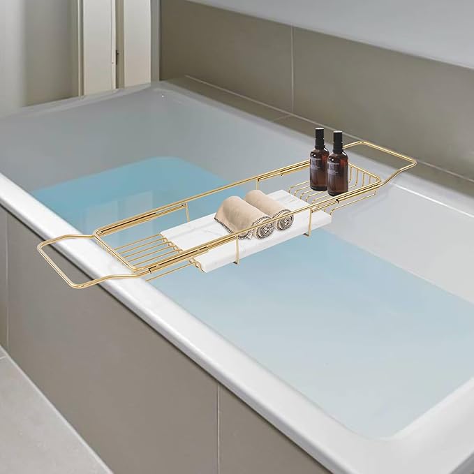 Bath Tub Tray Expandable Bathtub Tray 26.77-35.43 in, Bathtub Trays with Marble Board Bath Trays for Tub Luxury Bathtubs & Bathroom Accessories for Relaxing Spa,Suitable for Bathtubs Gold
