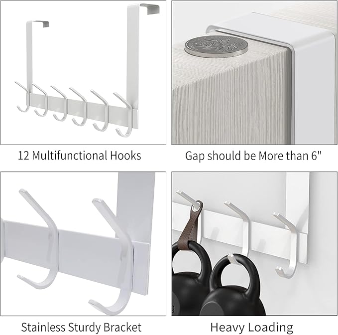 DOKU Over The Door Hook, Heavy Duty Over Door Hanger Holder for Coat Robe Hat Clothe Towels Hanging, Bathroom Organizer Towel Rack 12 Hooks, White
