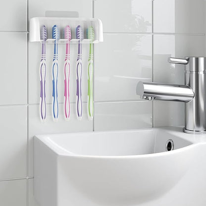5 Slots Wall Mount Toothbrush Holder with Cover, Self Adhesive Toothbrush Storage Organizer for Shower, Toothbrush Hanger for Bathroom, Medicine Cabinet, Dorm