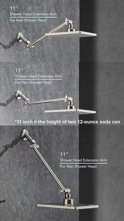 11 Inch Adjustable Shower Head Extension Arm With Locking Set Screw, Singing Rain Brass Nickel Brushed Angle Height Adjustable, Easy To Install, G1/2 Universal Connector Compatible (Nickel Brushed)