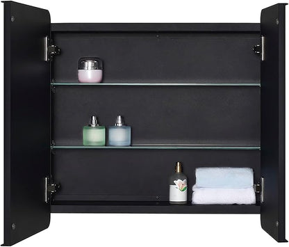 Black Bathroom Medicine Cabinet with Round Corner Framed Door and Beveled Edge Mirror 22 x 20 inch, Recessed or Surface Mount, with Adjustable Glass Shelves