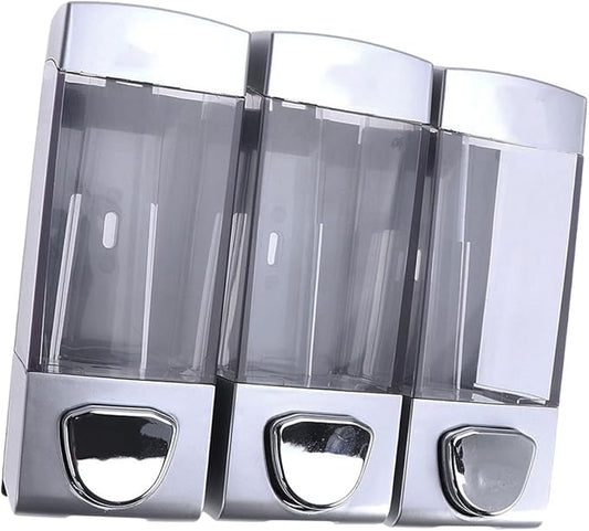 Wall-Mounted Shampoo Dispenser and Lotion Pump, Three-Chamber Soap Gel Bottle, Refillable Bathroom Shower Gel Holder for Residential and Hospitality Use