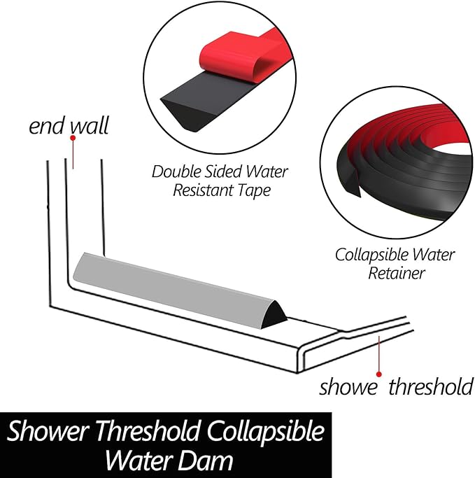 Raycity Shower Threshold Water Dam Barrier,Shower Door and Kitchen Water Strip Dam Shower Guard for Dry And Wet Separation Caulk Seal Strip Edge Trim(98 Inches/Black)