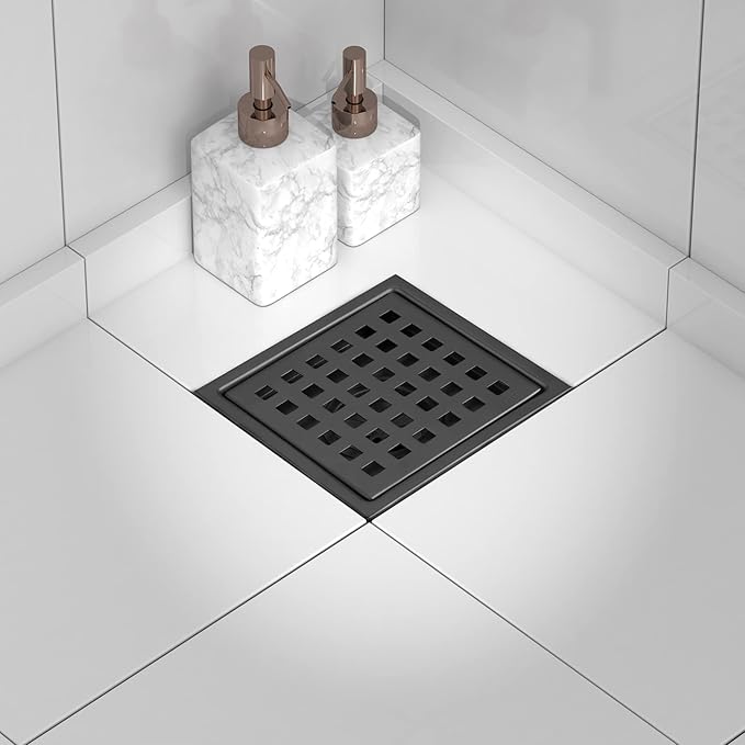 6 Inch Square Shower Floor Drain, Stainless Steel Flange with Removable Grid Cover Hair Strainer, Black