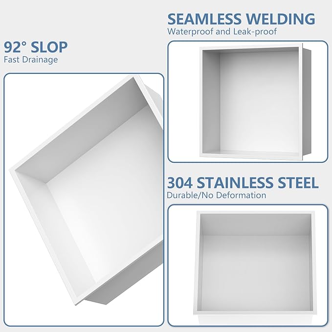 Homevacious 12“ x 12" x 4" Stainless Steel Shower Niche No Tile Needed White Bathroom Shelf Rimless Recessed Wall Niche for Bathroom Storage